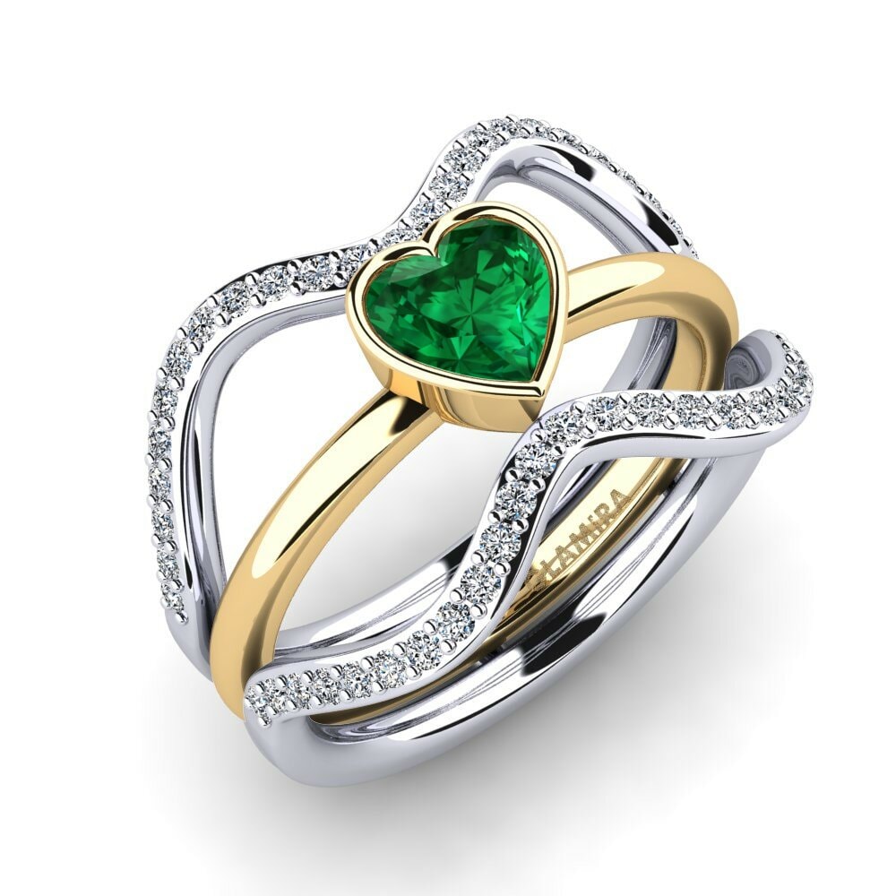 Or Blanc & Jaune 18k Émeraude (créée en laboratoire) Bague Bifin - SET
