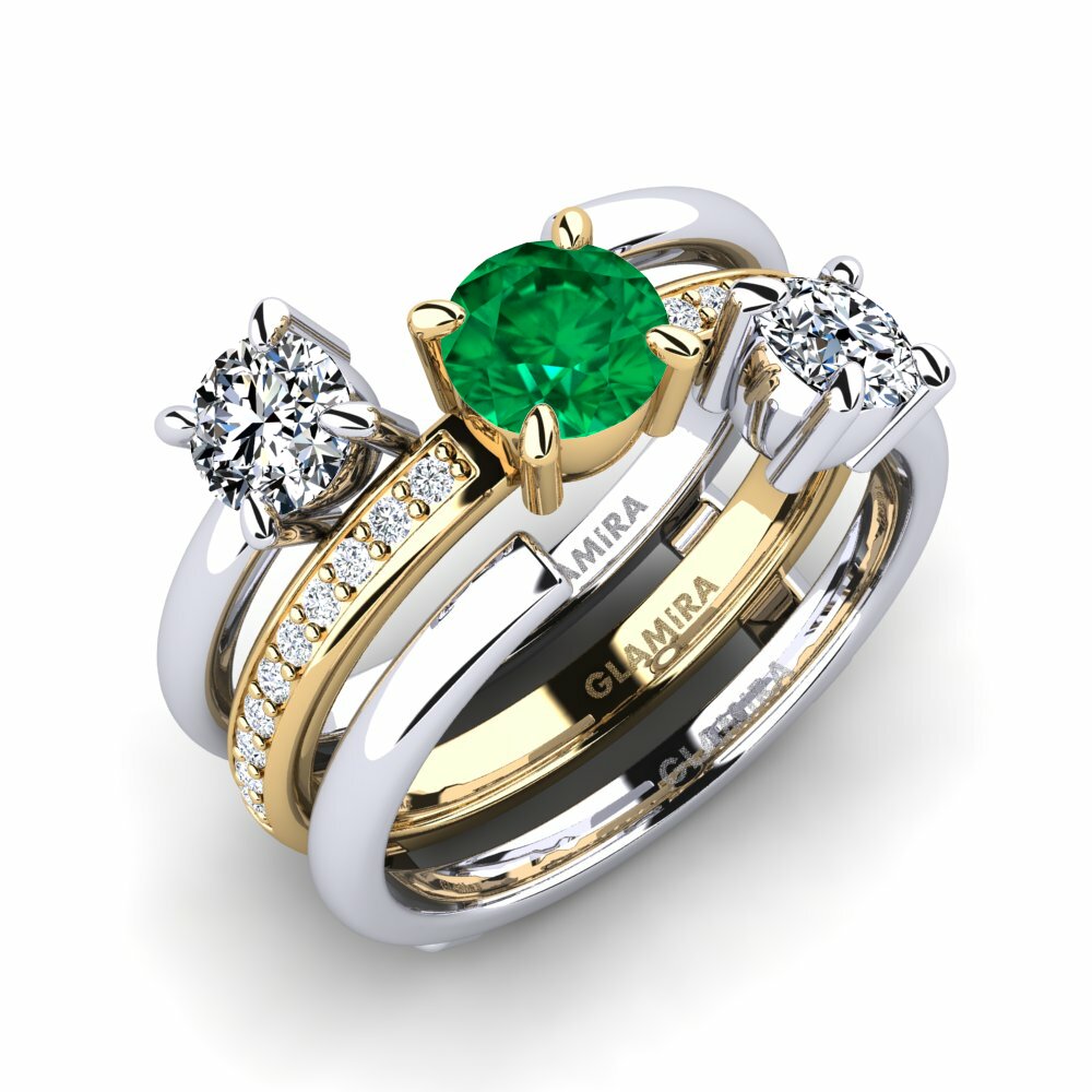 Or Blanc & Jaune 18k Émeraude (créée en laboratoire) Bague Fidgin - SET