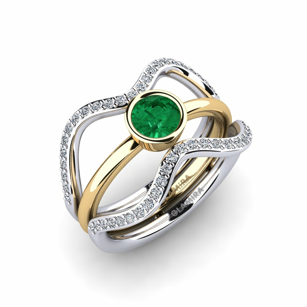 Or Blanc & Jaune 18k Émeraude (créée en laboratoire) Bague Fuma - SET