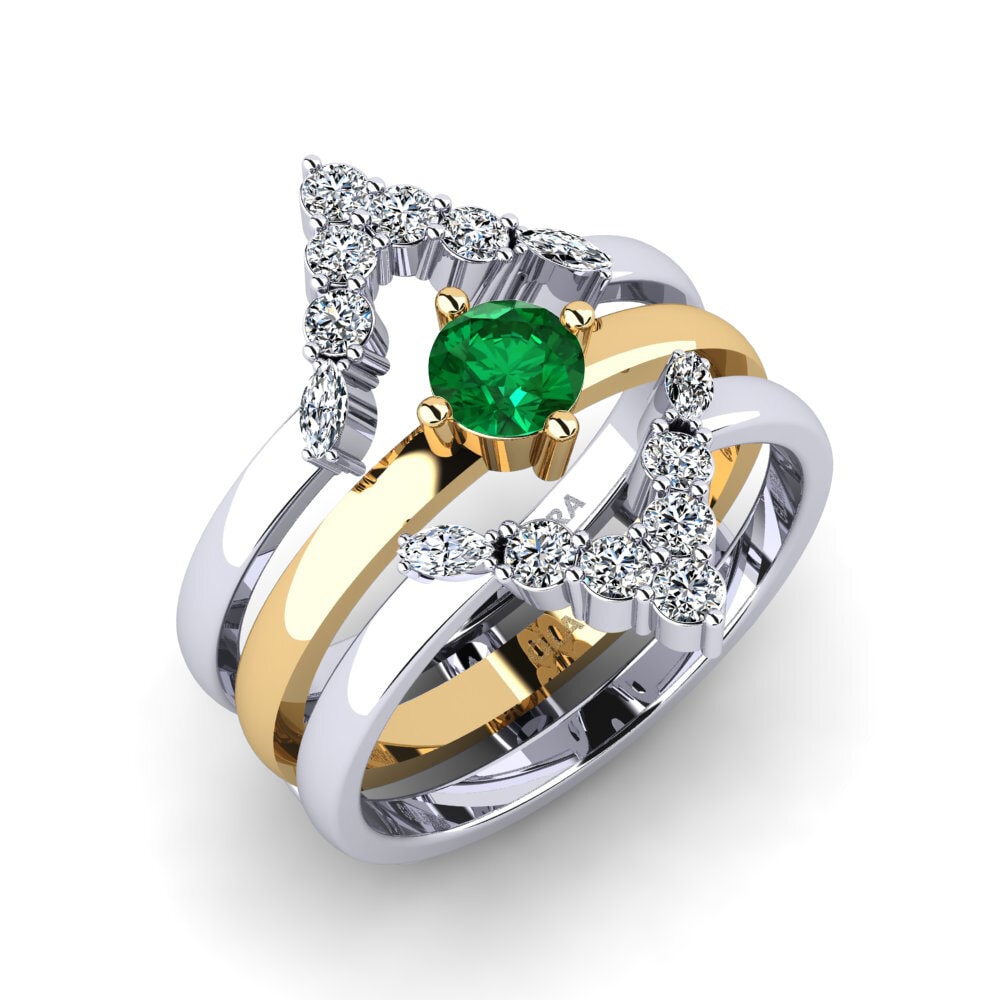 Or Blanc & Jaune 18k Émeraude (créée en laboratoire) Bague Geli - SET