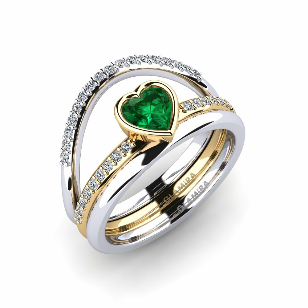 Or Blanc & Jaune 18k Émeraude (créée en laboratoire) Bague Glin - SET