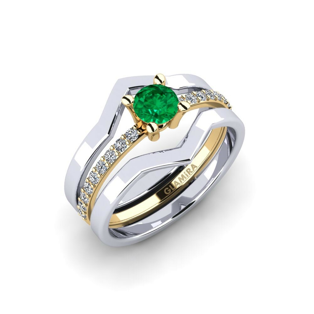 Or Blanc & Jaune 18k Émeraude (créée en laboratoire) Bague Hangeng - SET