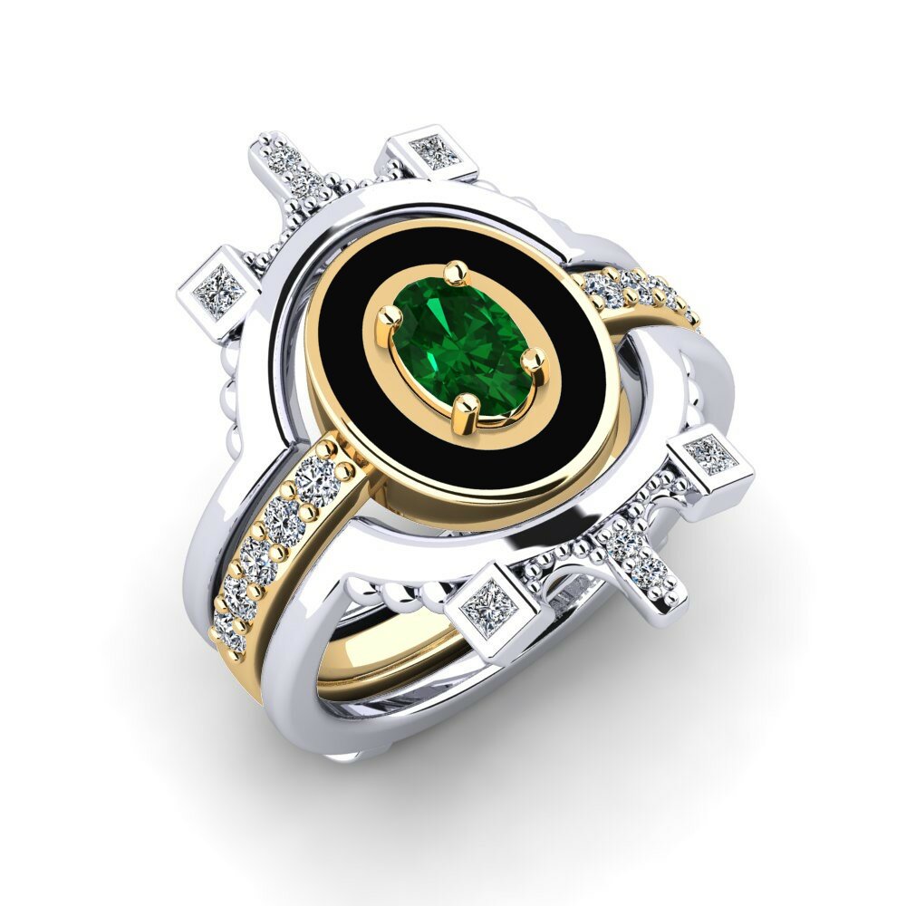 Or Blanc & Jaune 18k Émeraude (créée en laboratoire) Bague Harweaa - SET