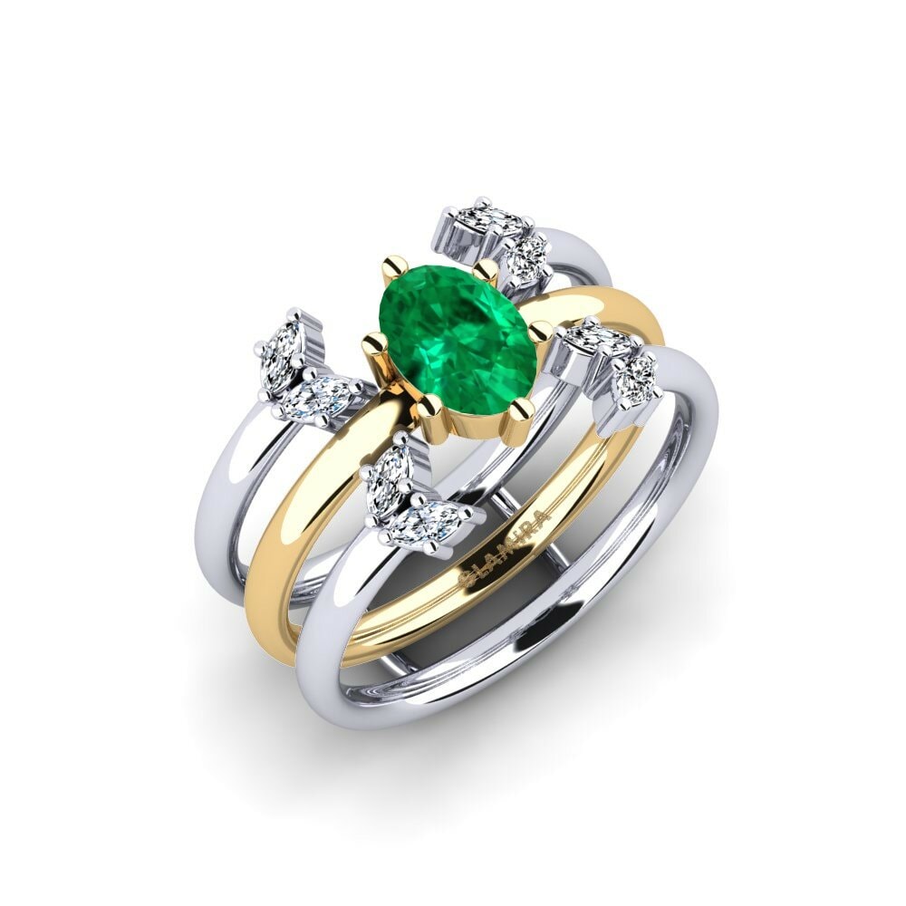 Or Blanc & Jaune 18k Émeraude (créée en laboratoire) Bague Hatinc - SET