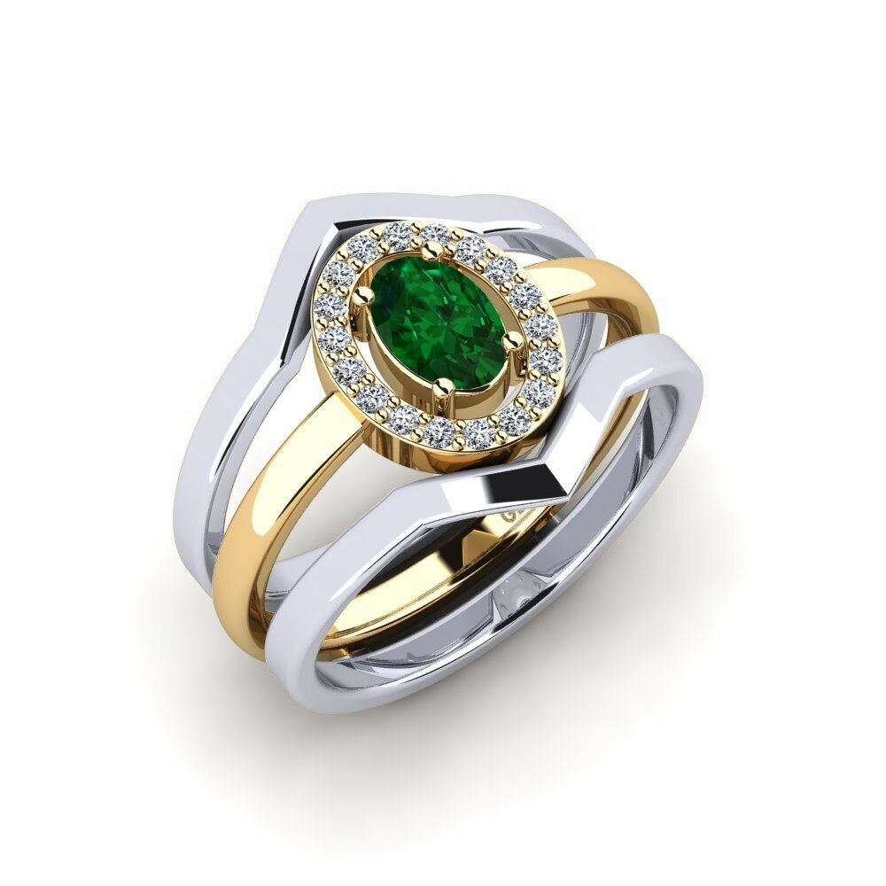 Or Blanc & Jaune 18k Émeraude (créée en laboratoire) Bague Hiorno - SET