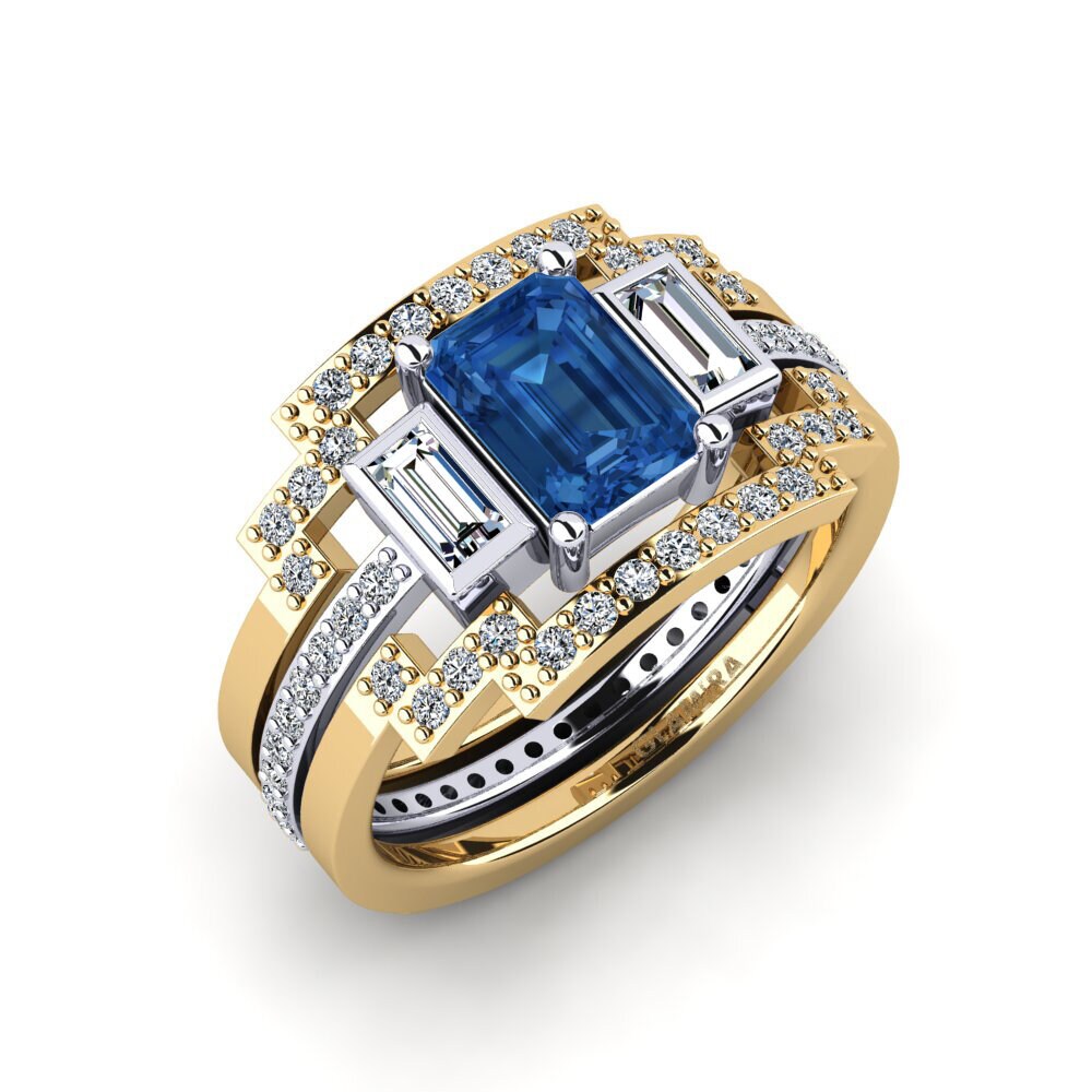 9ct Yellow & White Gold Dark Blue Zirconia Ring Honat - SET