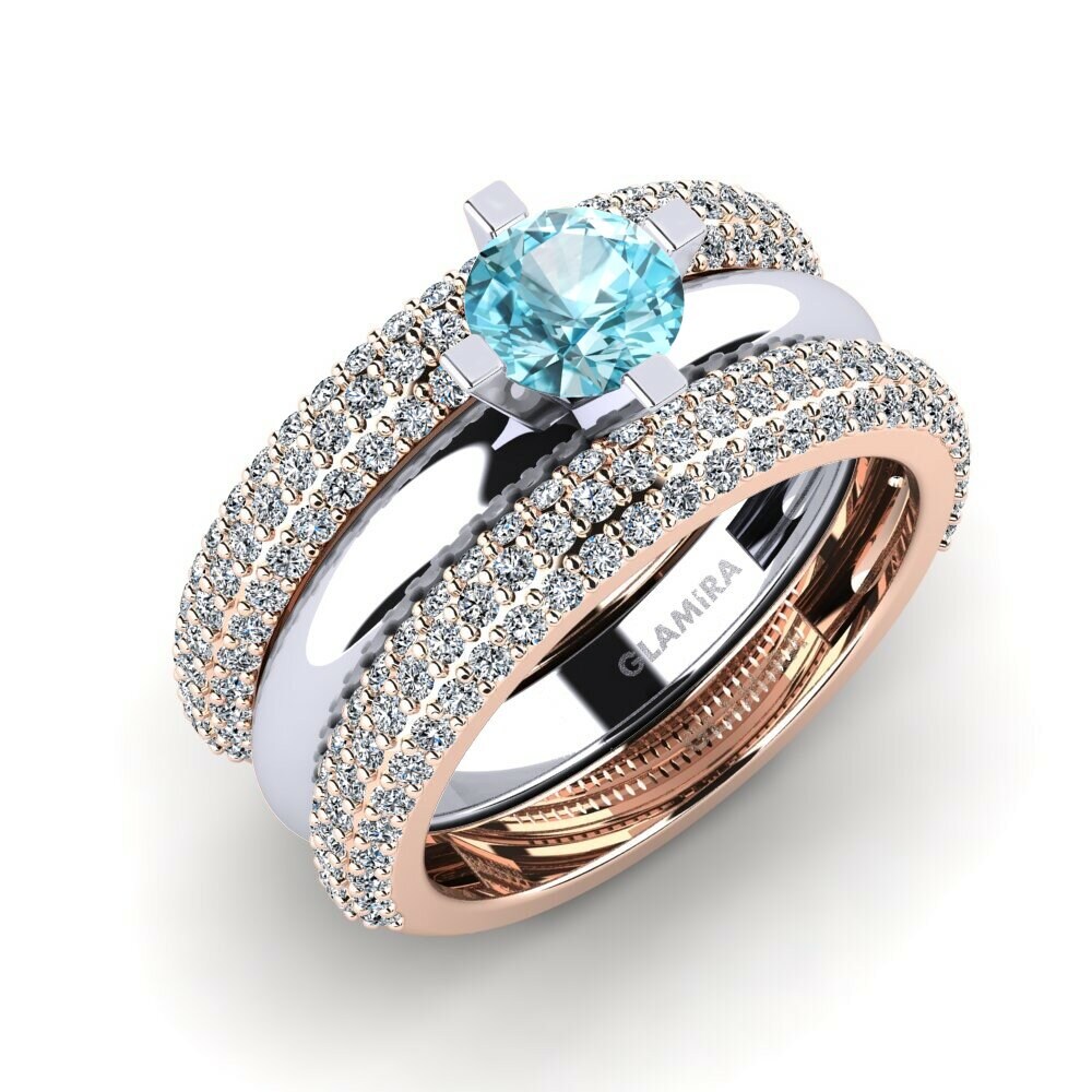 Or Rose& Blanc 18k Zircon Bleu Bague Hyhtin - SET