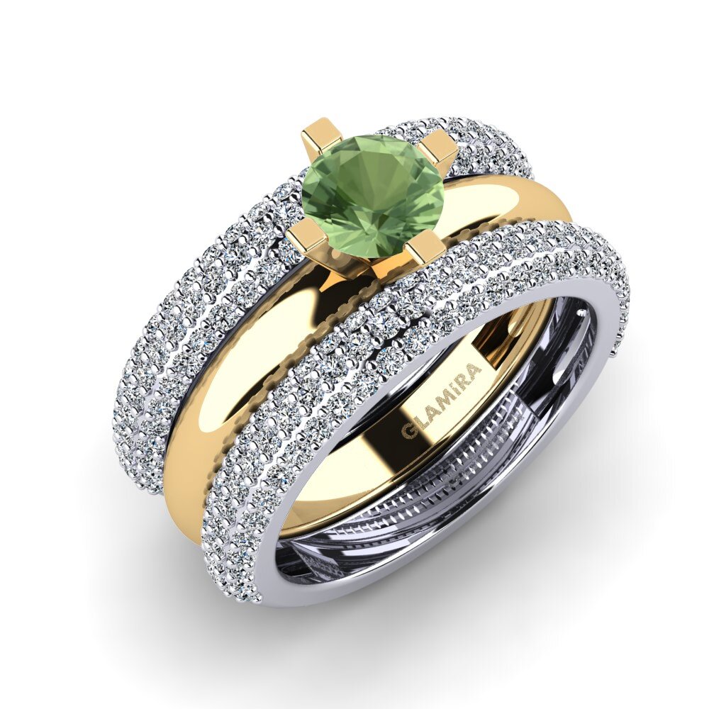 14ct White / Yellow Gold Green Sapphire Ring Hyhtin - SET