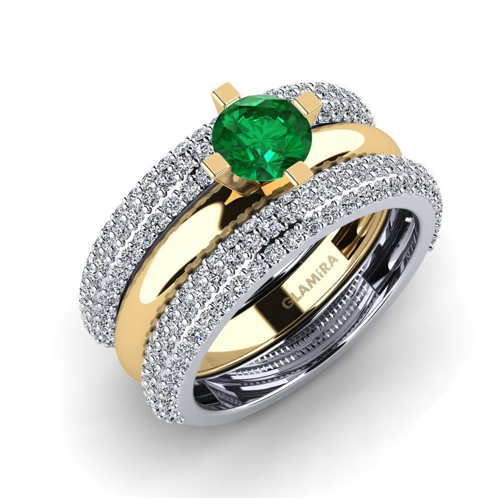 Or Blanc & Jaune 18k Émeraude (créée en laboratoire) Bague Hyhtin - SET