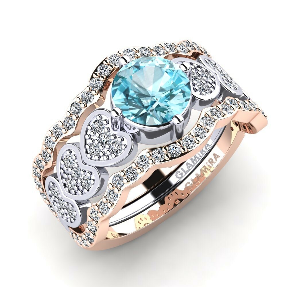 Or Rose& Blanc 18k Zircon Bleu Bague Jailenden - SET