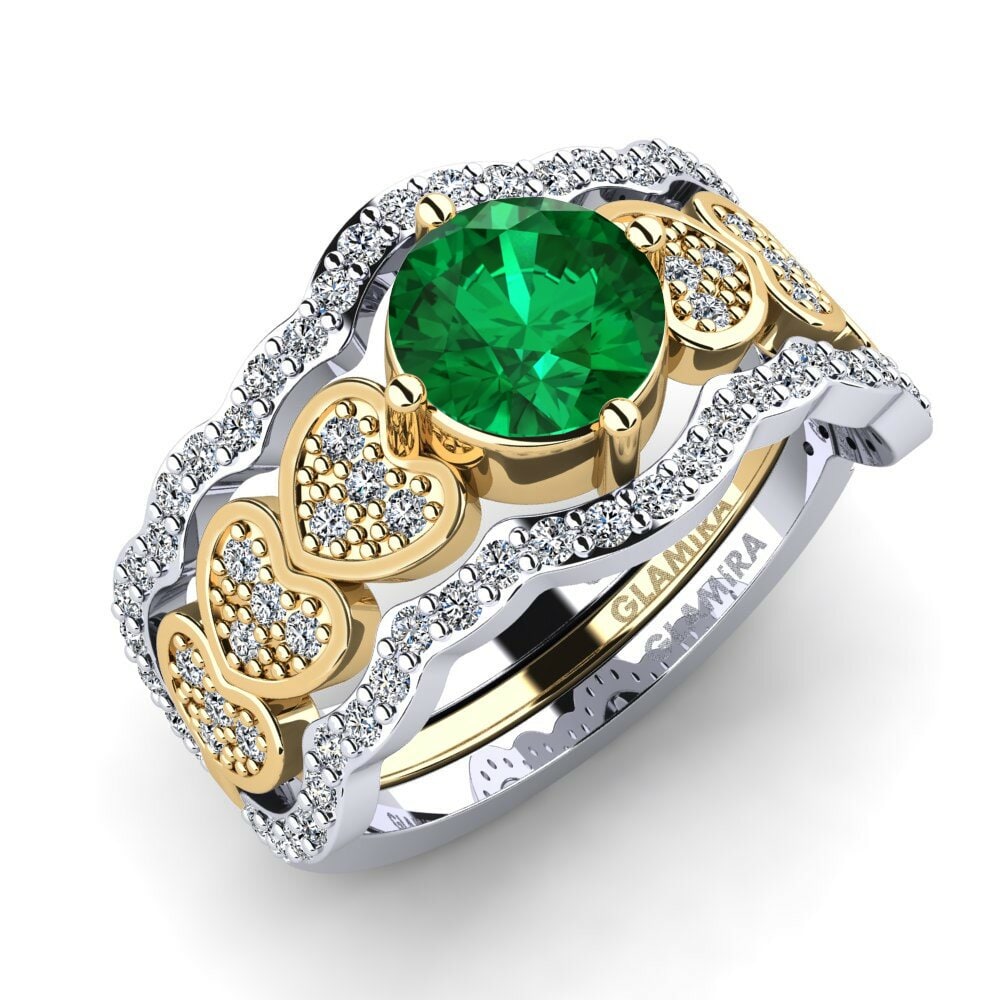 Or Blanc & Jaune 18k Émeraude (créée en laboratoire) Bague Jailenden - SET