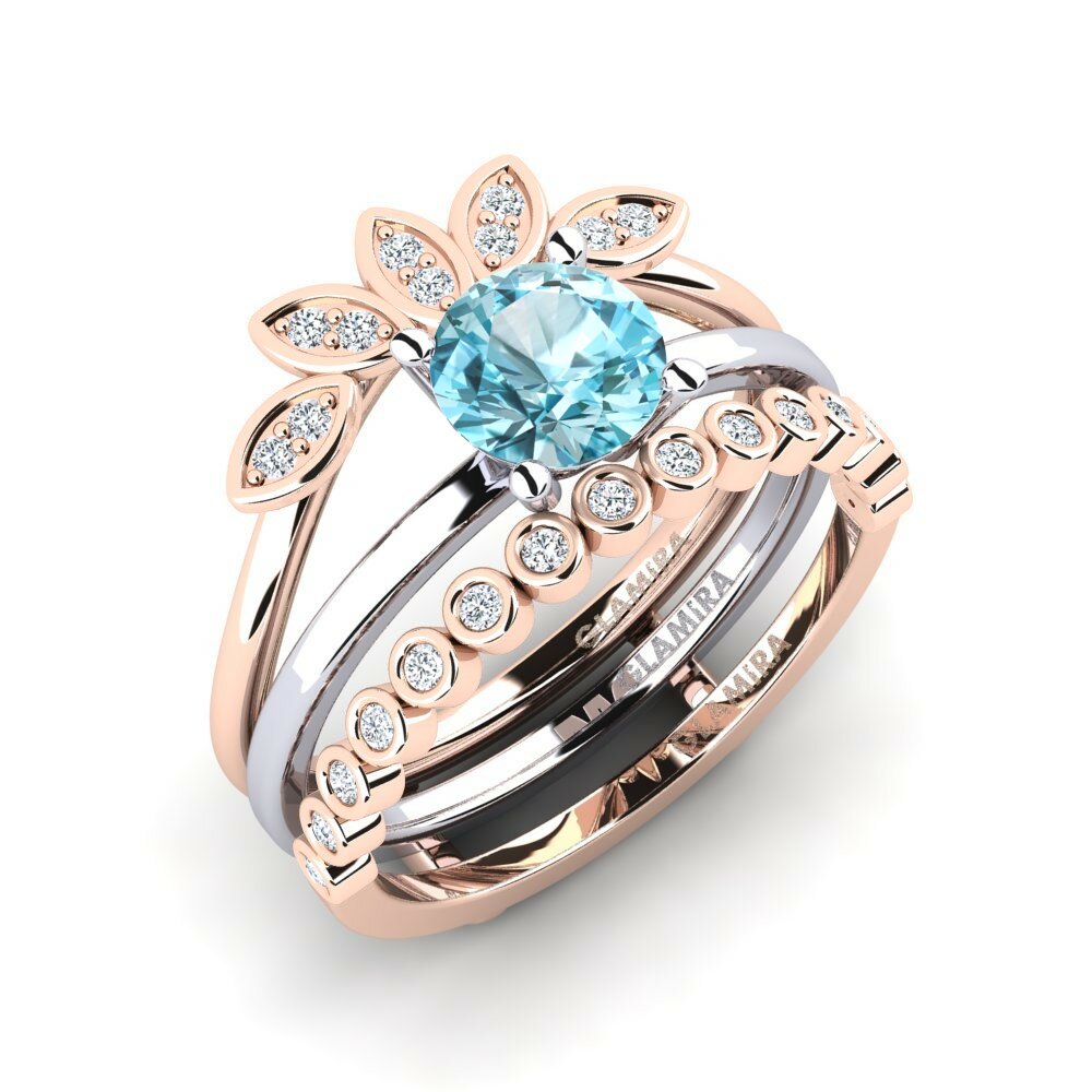 Or Rose& Blanc 18k Zircon Bleu Bague Jenli - SET