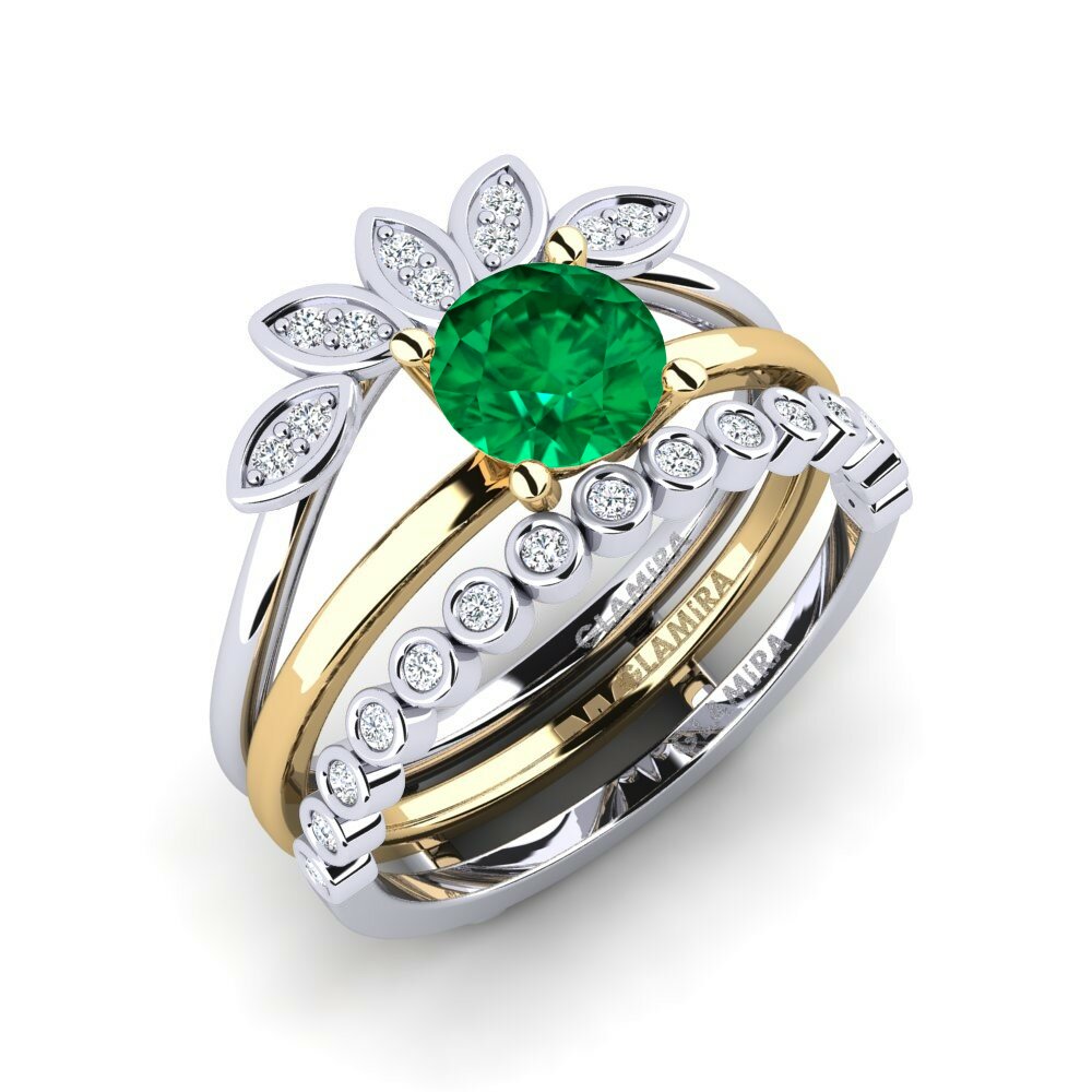 Or Blanc & Jaune 18k Émeraude (créée en laboratoire) Bague Jenli - SET