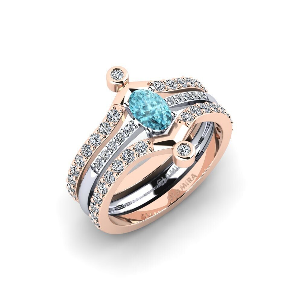 Or Rose& Blanc 18k Zircon Bleu Bague Korn - SET