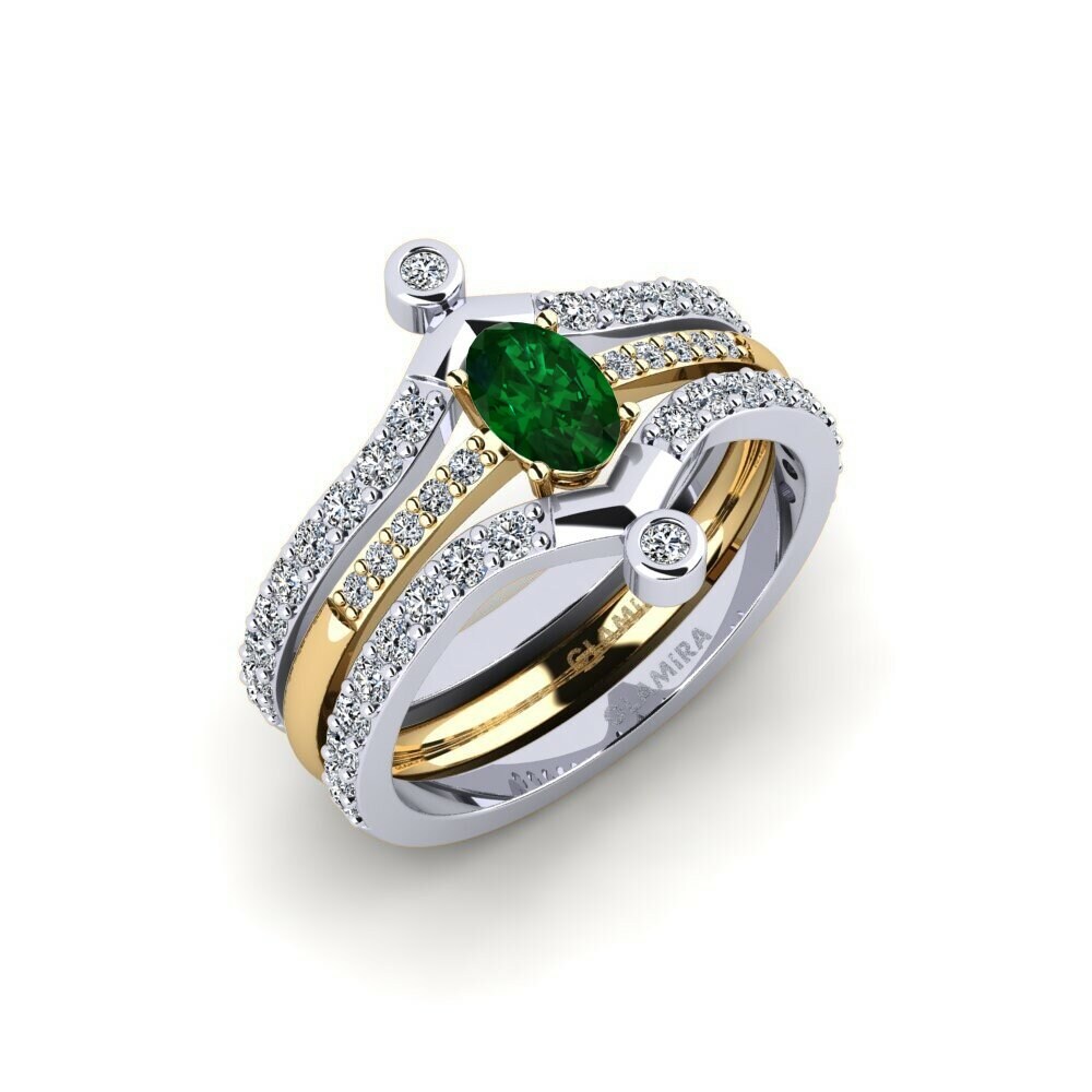 Or Blanc & Jaune 18k Émeraude (créée en laboratoire) Bague Korn - SET