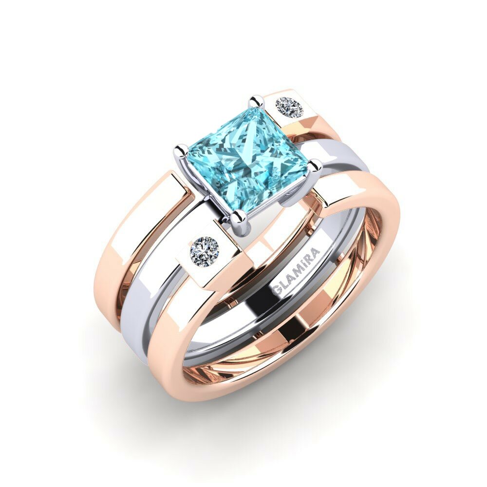 Or Rose& Blanc 18k Zircon Bleu Bague Leal - SET