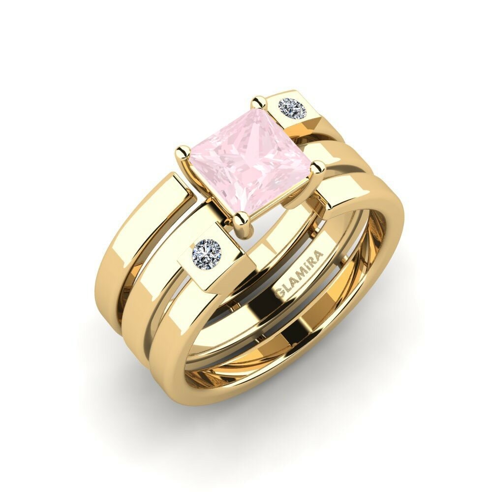 Or Jaune 18k Quartz Rose Bague Leal - SET