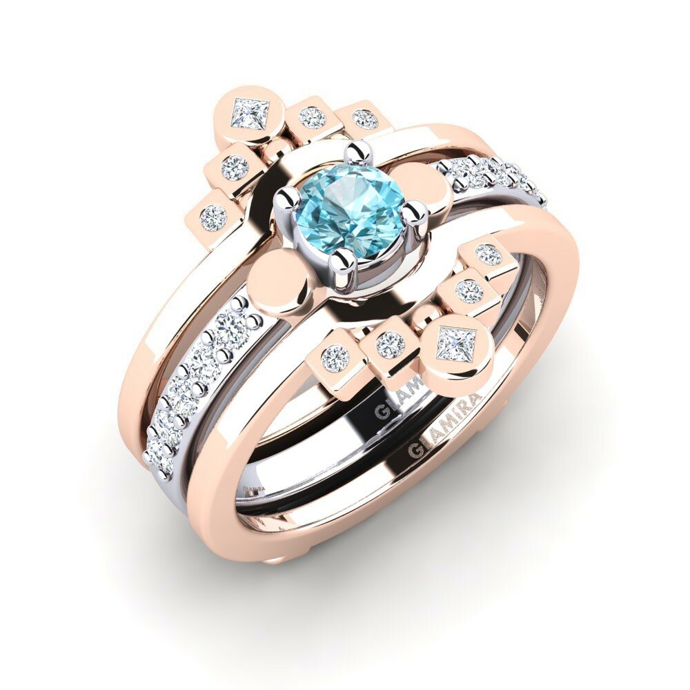 Or Rose& Blanc 18k Zircon Bleu Bague Lmelania - SET
