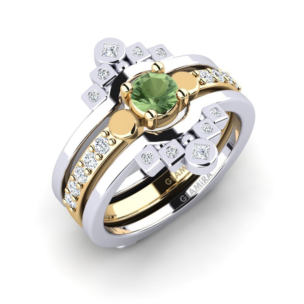 14ct White / Yellow Gold Green Sapphire Ring Lmelania - SET