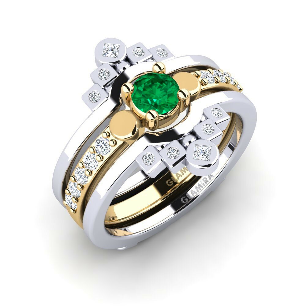 Or Blanc & Jaune 18k Émeraude (créée en laboratoire) Bague Lmelania - SET