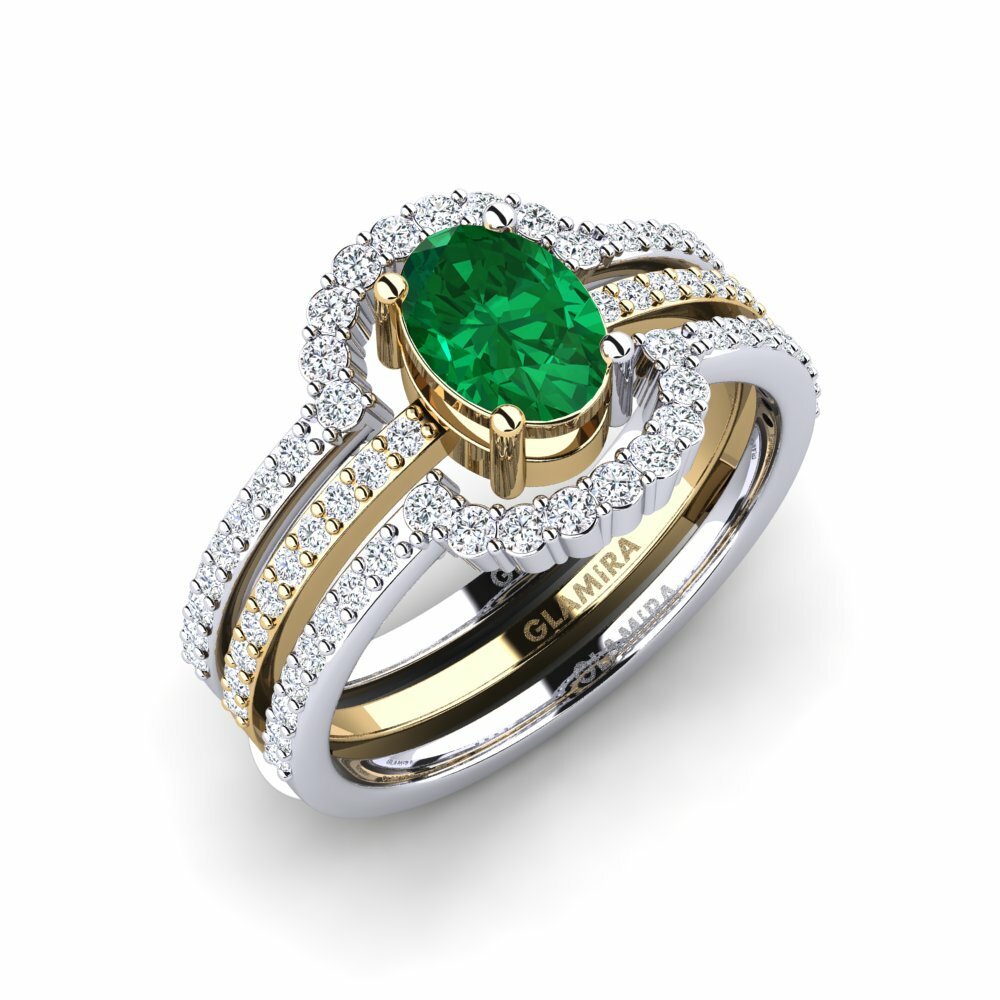 Or Blanc & Jaune 18k Émeraude (créée en laboratoire) Bague Memedr - SET