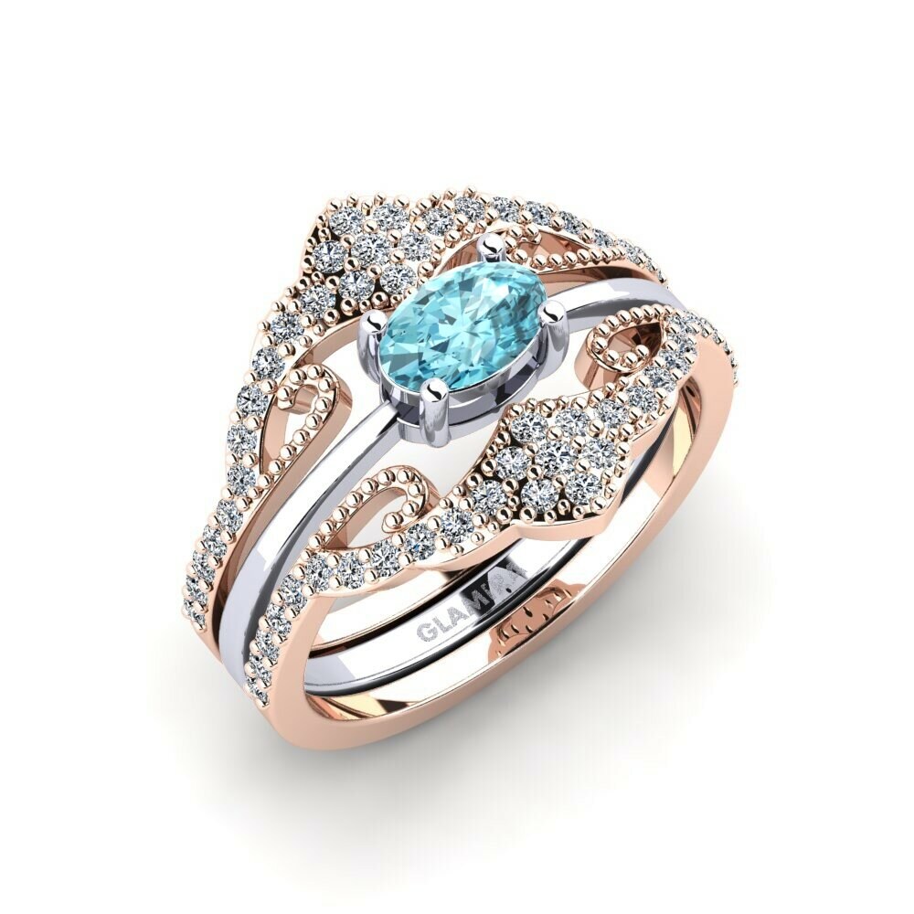 Or Rose& Blanc 18k Zircon Bleu Bague Newom - SET