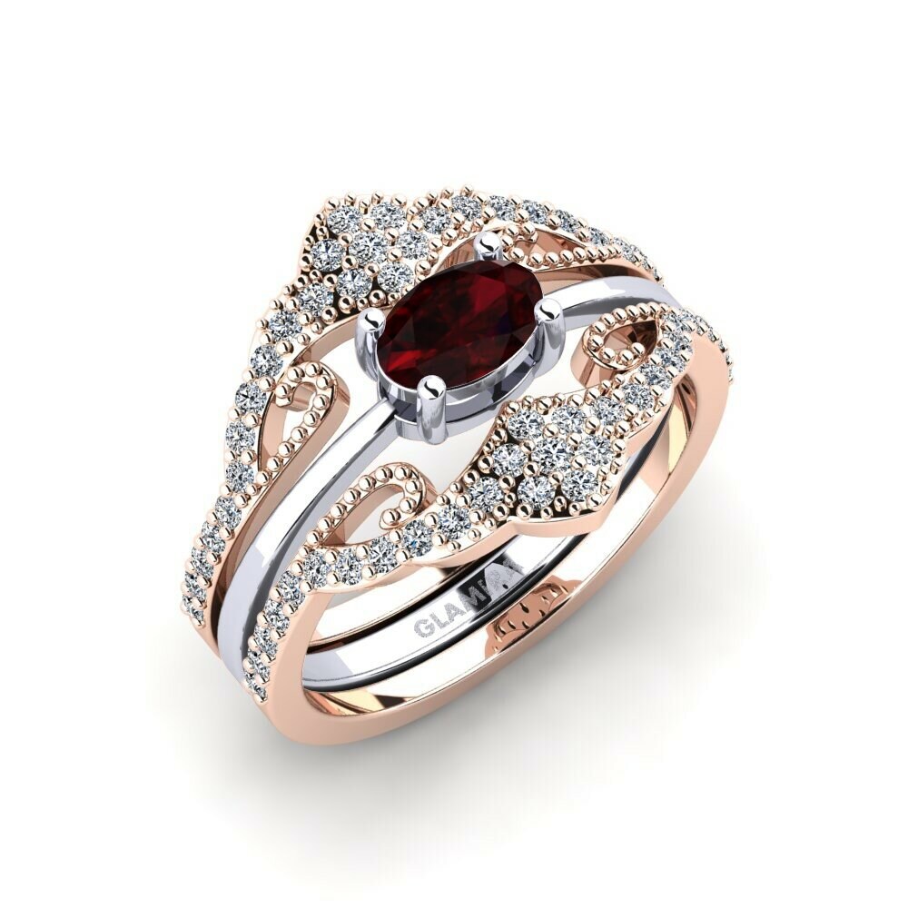 Or Rose& Blanc 18k Grenat Bague Newom - SET