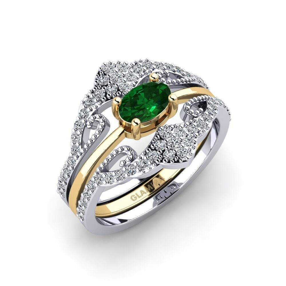 Or Blanc & Jaune 18k Émeraude (créée en laboratoire) Bague Newom - SET
