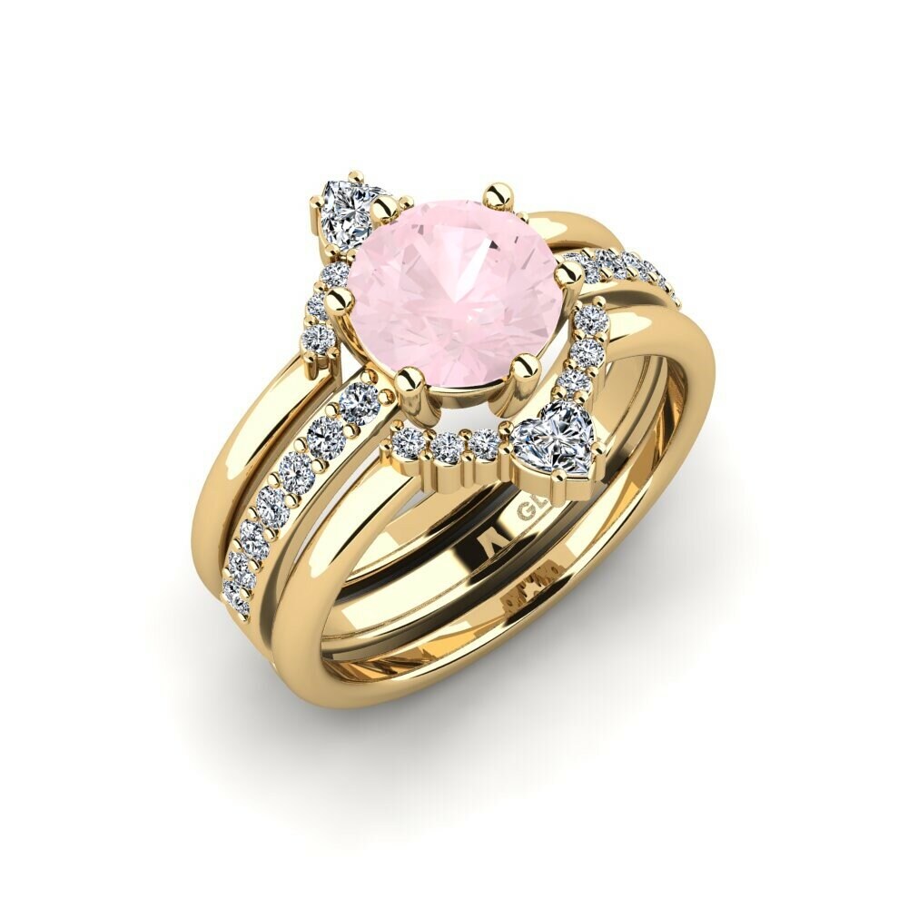 Or Jaune 18k Quartz Rose Bague Ocour - SET