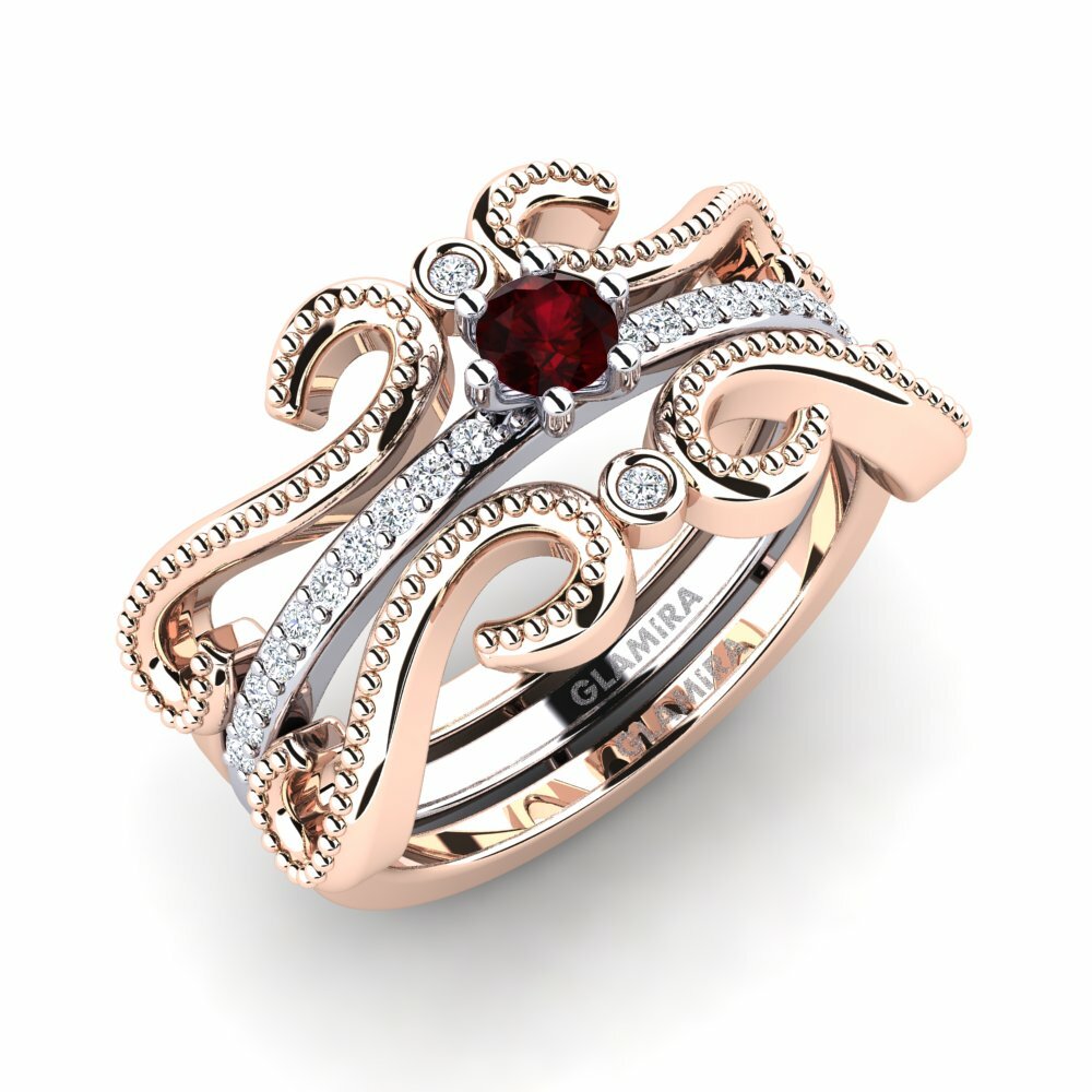 Or Rose& Blanc 18k Grenat Bague Odiner - SET