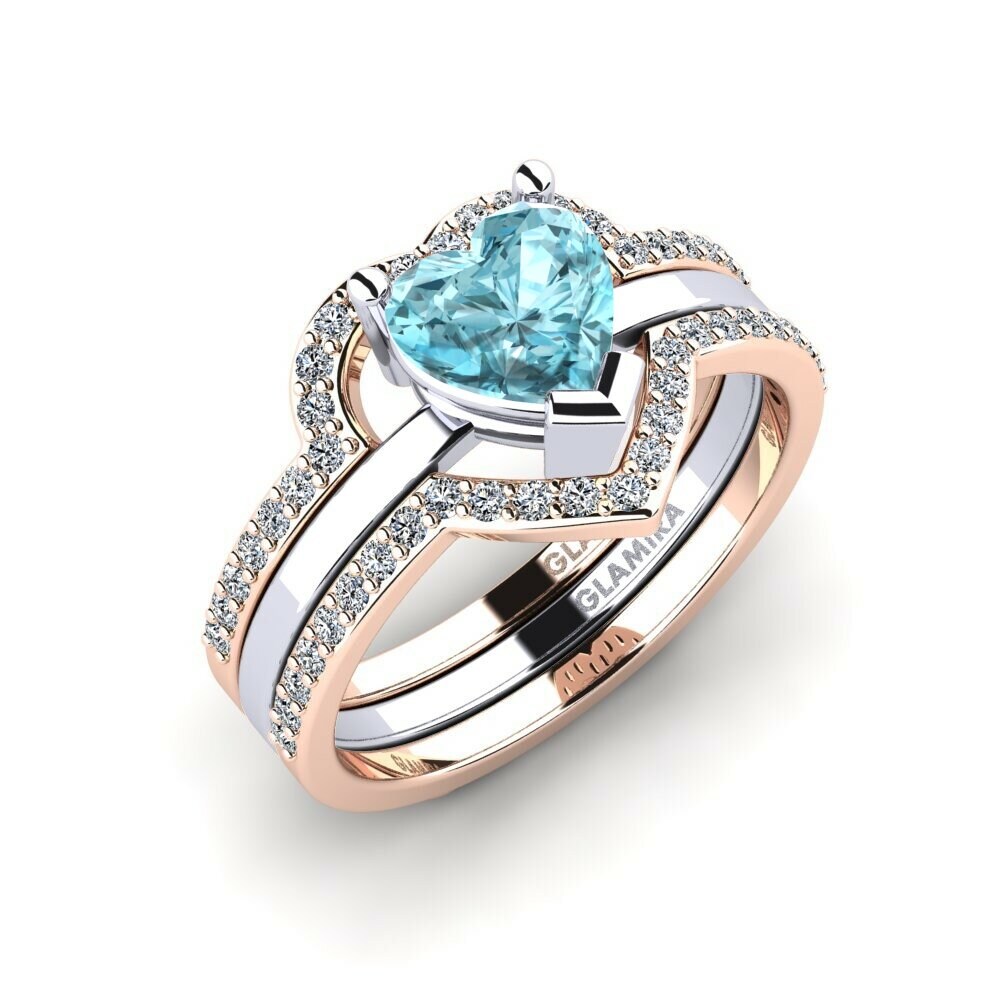 Or Rose& Blanc 18k Zircon Bleu Bague Ofongu - SET