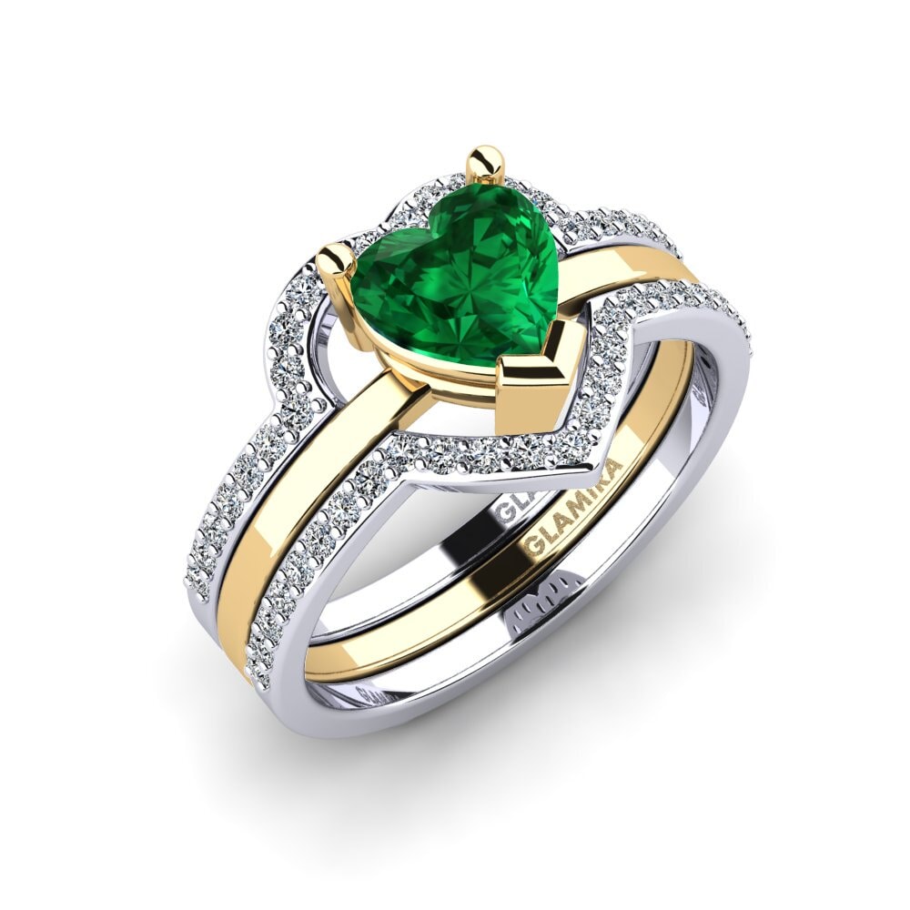 Or Blanc & Jaune 18k Émeraude (créée en laboratoire) Bague Ofongu - SET