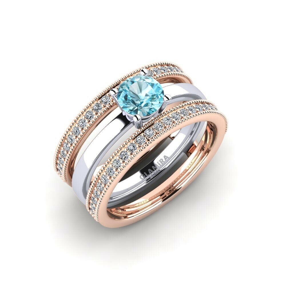 Or Rose& Blanc 18k Zircon Bleu Bague Ofost - SET