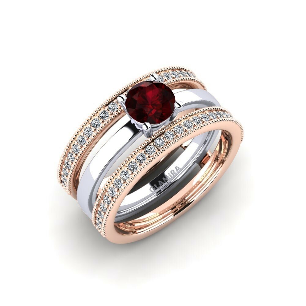 Or Rose& Blanc 18k Grenat Bague Ofost - SET