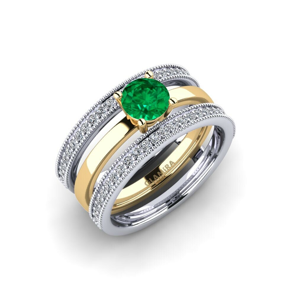 Or Blanc & Jaune 18k Émeraude (créée en laboratoire) Bague Ofost - SET