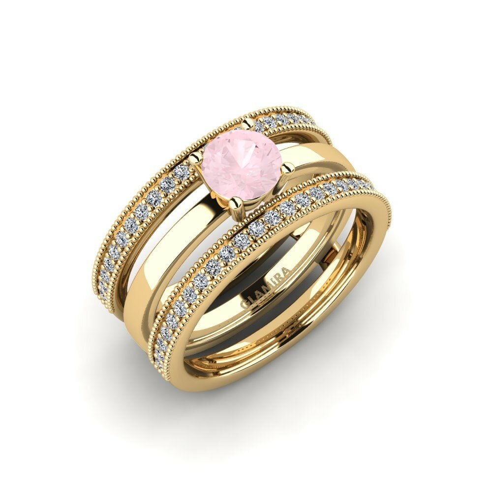 Or Jaune 18k Quartz Rose Bague Ofost - SET