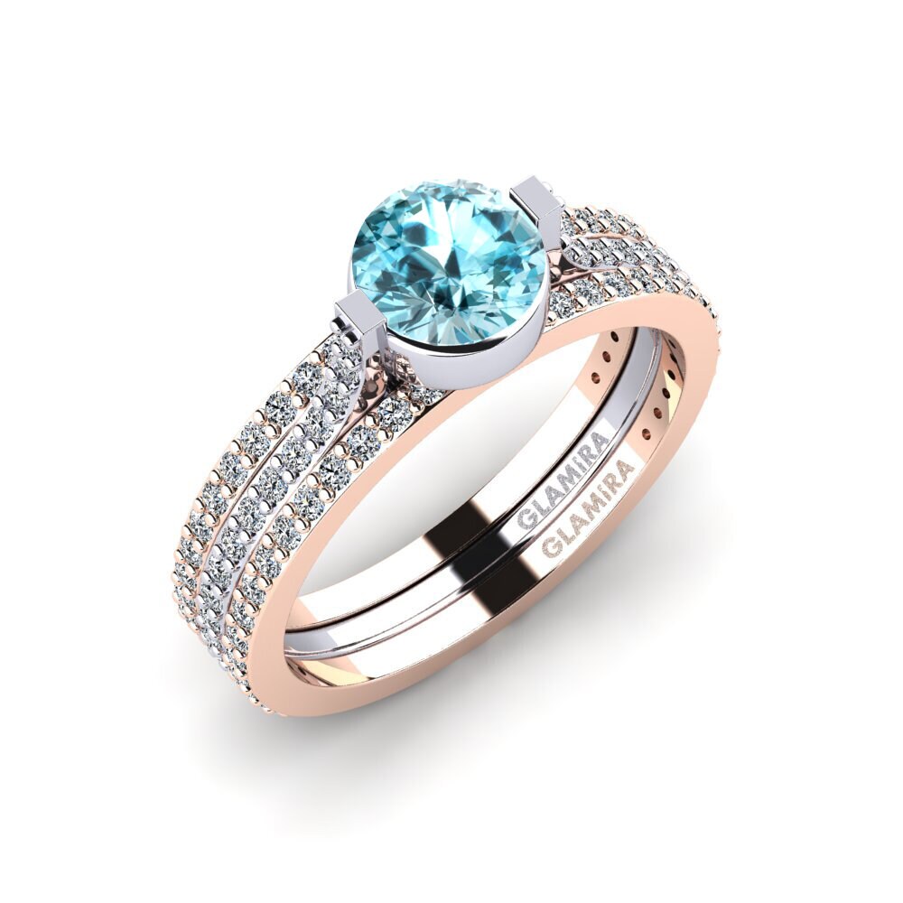 Or Rose& Blanc 18k Zircon Bleu Bague Reggie - SET