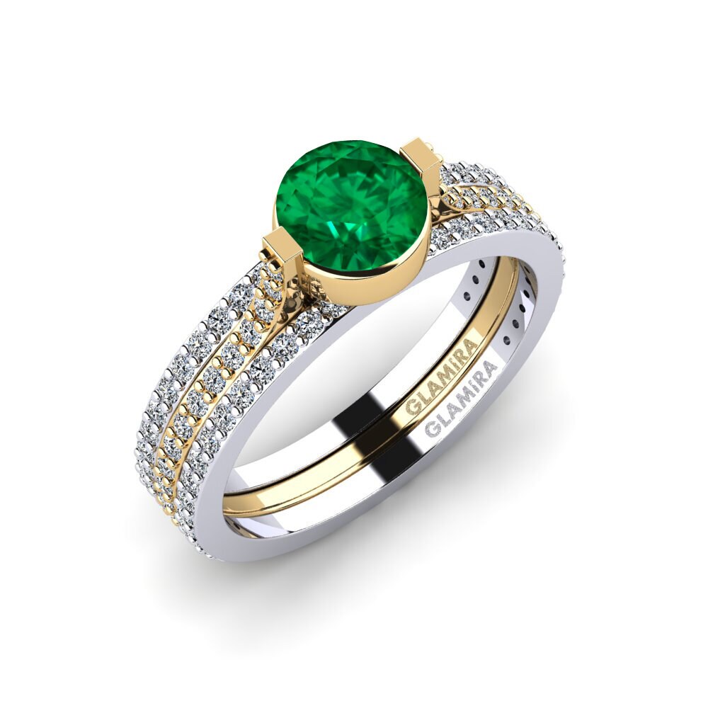 Or Blanc & Jaune 18k Émeraude (créée en laboratoire) Bague Reggie - SET