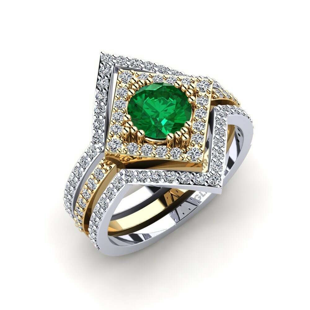 Or Blanc & Jaune 18k Émeraude (créée en laboratoire) Bague Sharif - SET