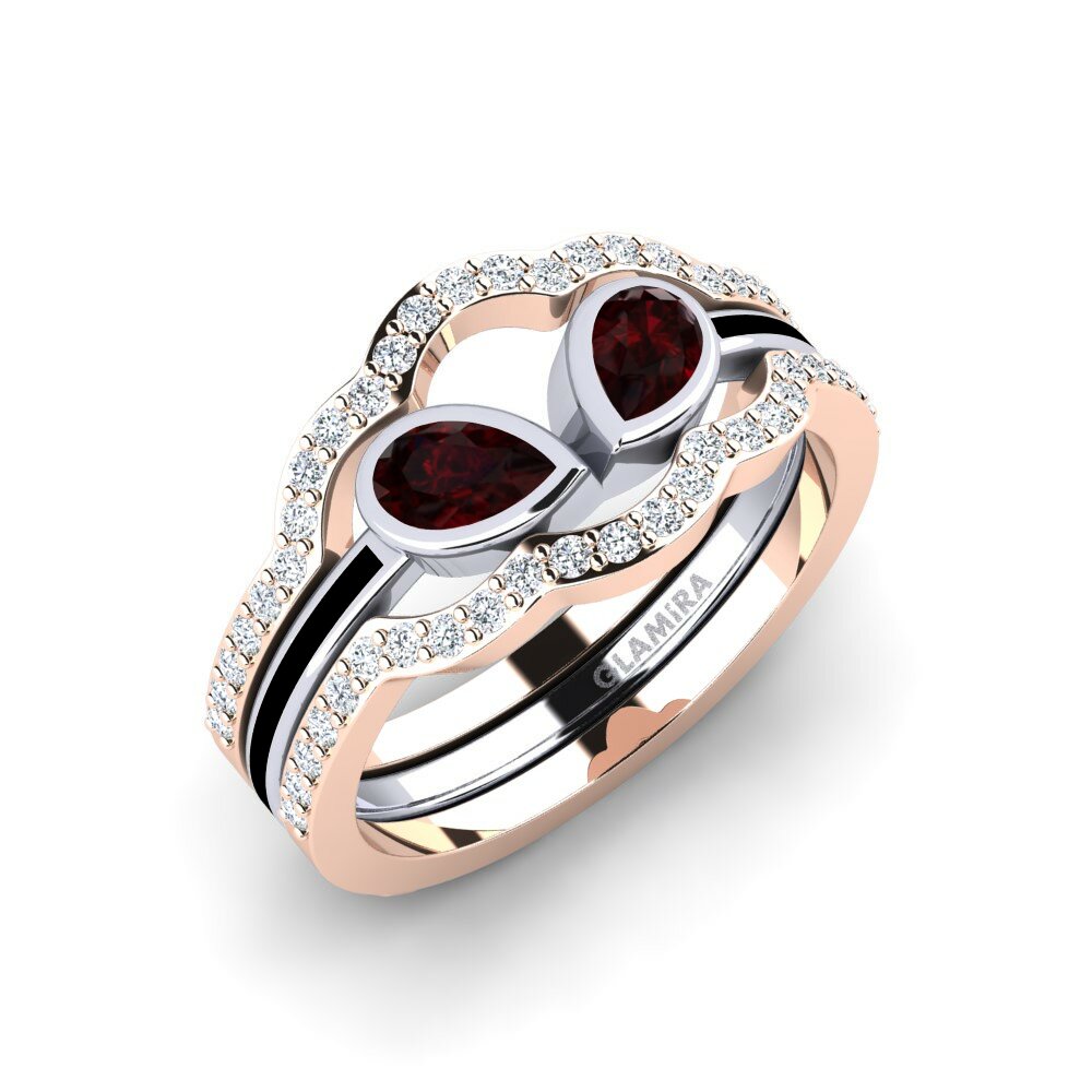 Or Rose& Blanc 18k Grenat Bague Snene - SET