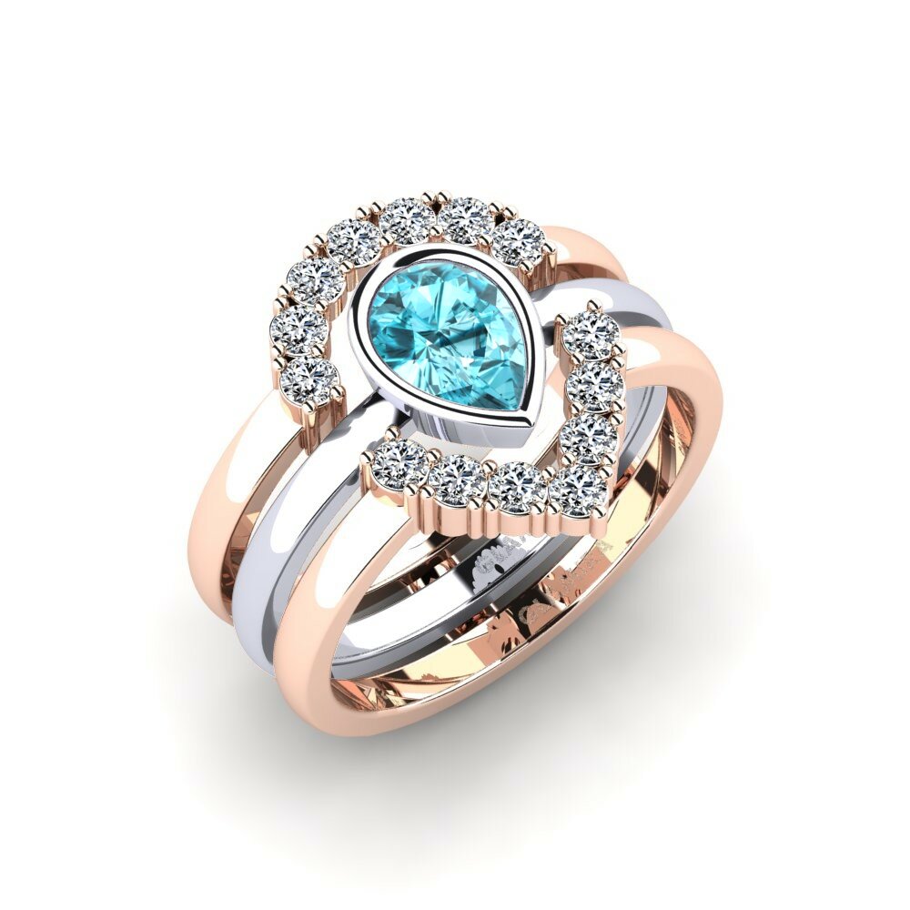 Or Rose& Blanc 18k Zircon Bleu Bague Spiens - SET