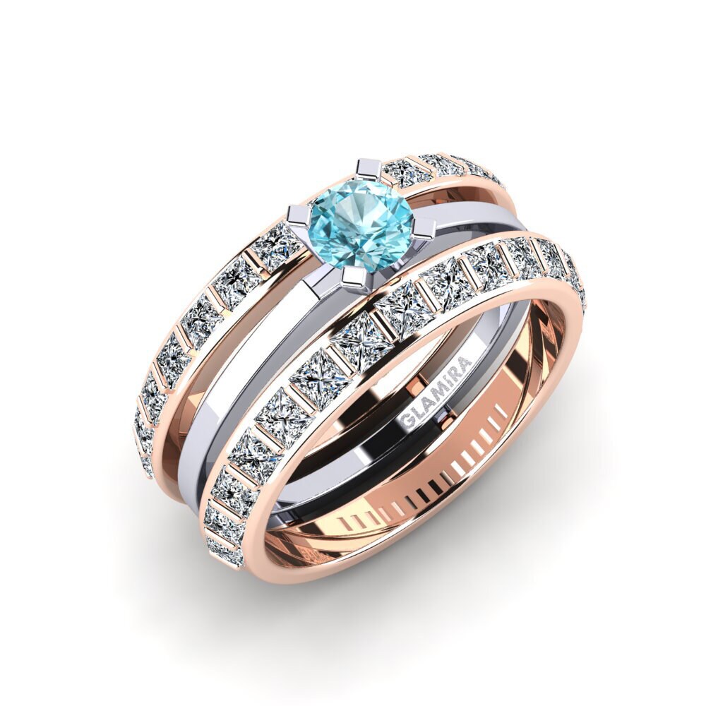 Or Rose& Blanc 18k Zircon Bleu Bague Stinge - SET