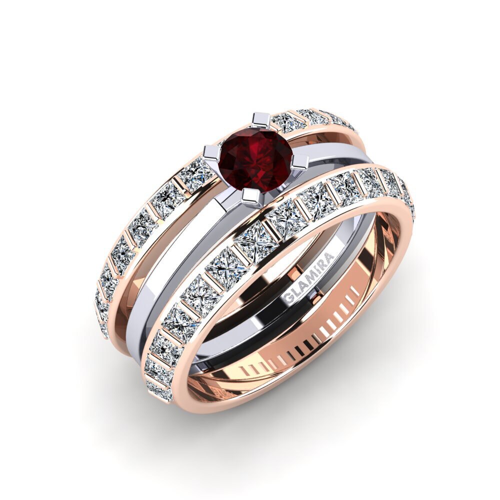 Or Rose& Blanc 18k Grenat Bague Stinge - SET