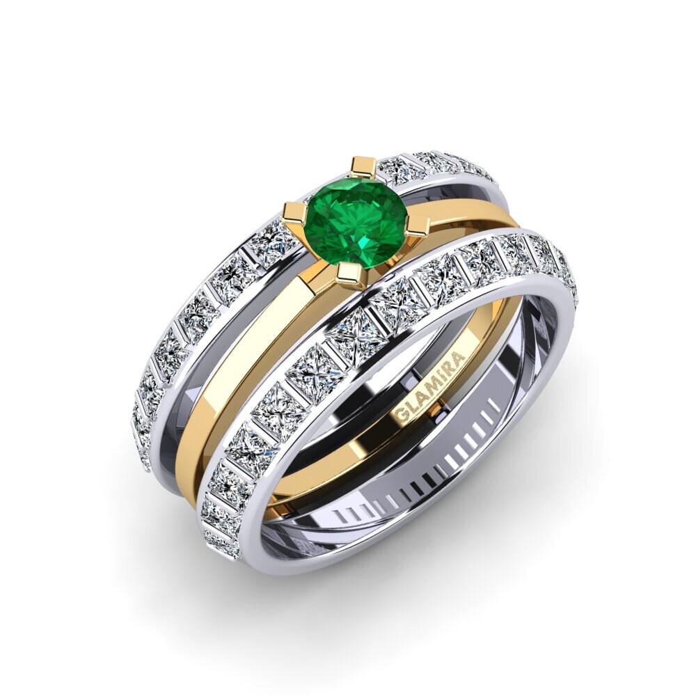 Or Blanc & Jaune 18k Émeraude (créée en laboratoire) Bague Stinge - SET