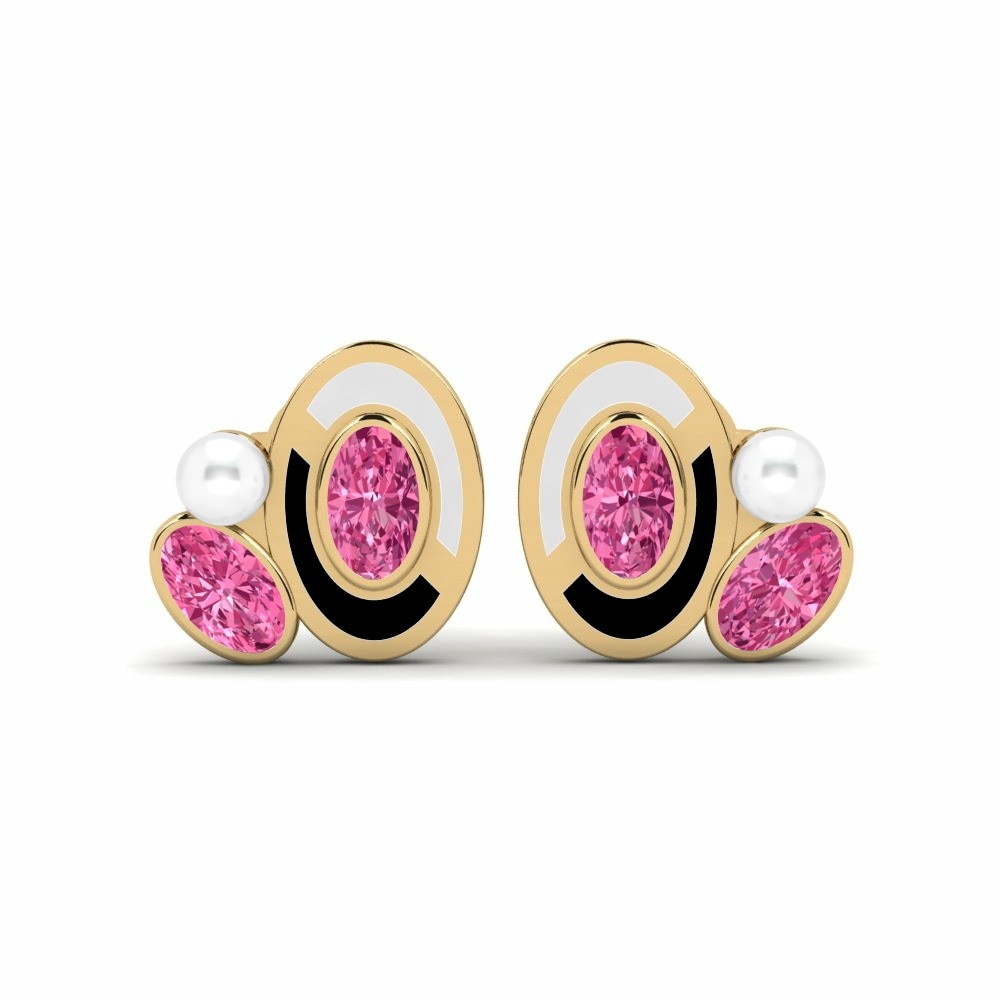 Oval 0.8 Carat Cultured Pearls Pink Tourmaline 14k Yellow Gold Earring Kortars