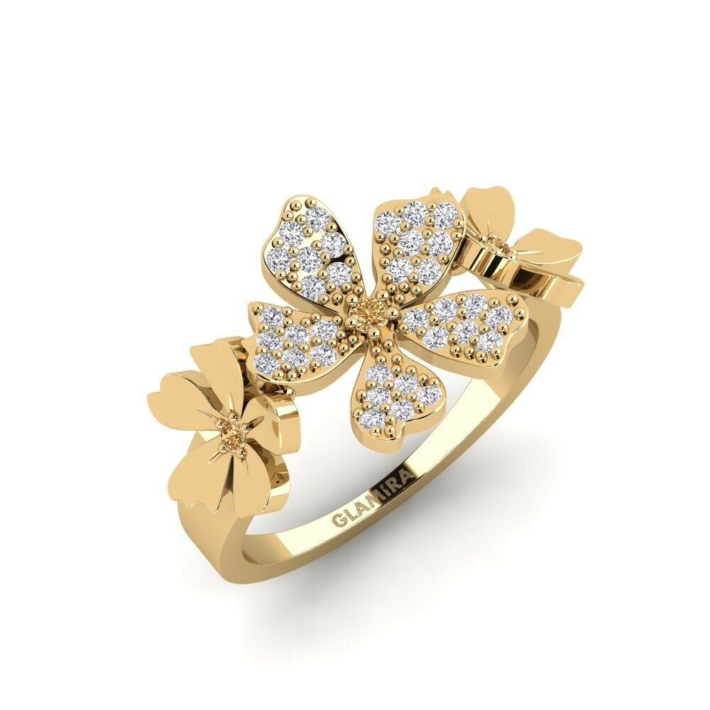 Round 0.042 Carat Flower Brown Diamond 14k Yellow Gold Ring Villabate