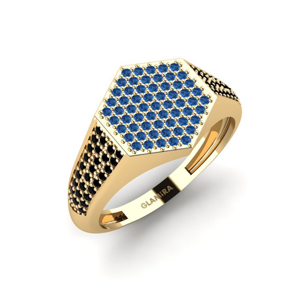 14ct Yellow Gold Dark Blue Zirconia Men's Ring Onueke