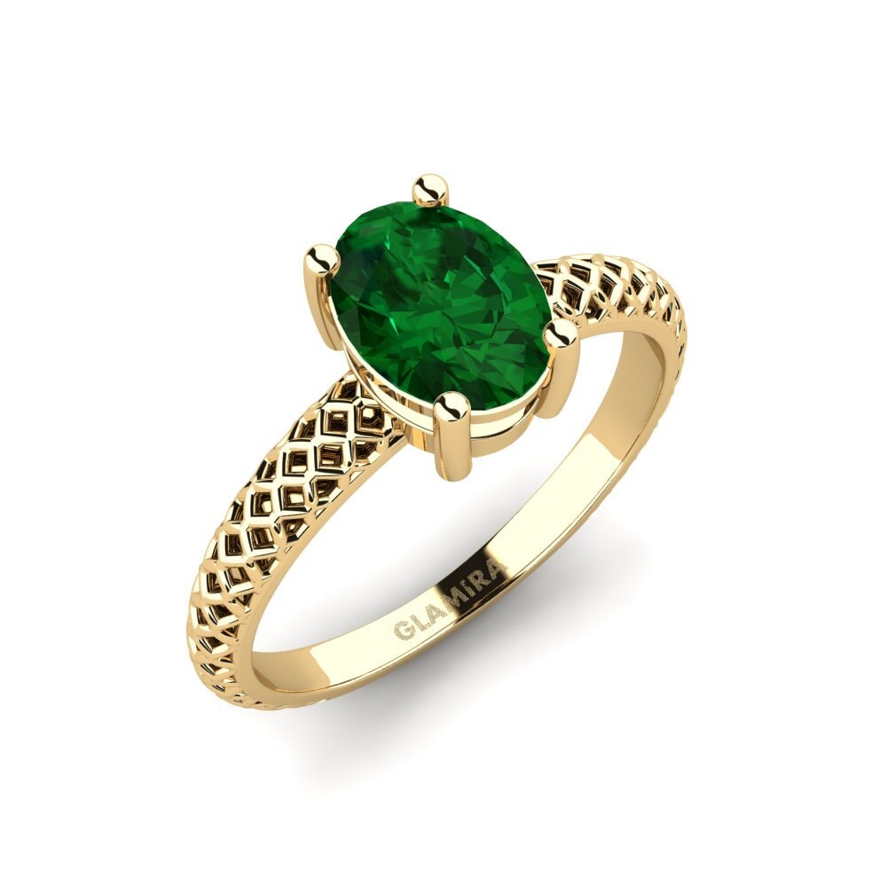 9k Oro Amarillo Esmeralda (creada en laboratorio) Anillo de compromiso Weliach Oval