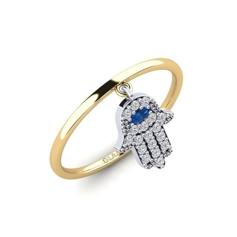 Or Jaune & Blanc 18k Zircone Bleu Foncé Bague Prenm