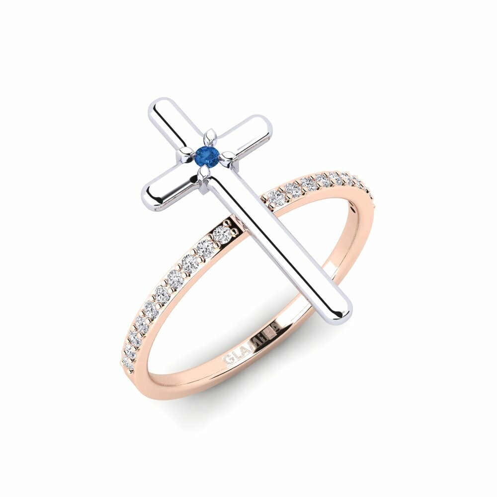 Or Rose& Blanc 18k Zircone Bleu Foncé Bague Quin